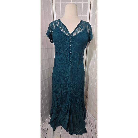 NWT Torrid Blue Maxi Lace Button-Front Skater V-Neck Dress Plus Size: 0X (12) - Picture 4 of 5